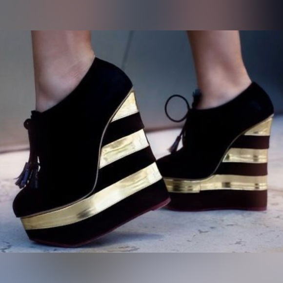 Charlotte Olympia Shoes - Charlotte Olympia Black and Gold Martha Platform Wedge Booties